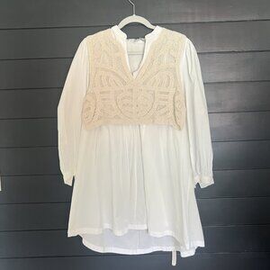 Zara White Blouse w/ Beige Crochet Overlay • Boho Long Sleeve • High-Low Hem